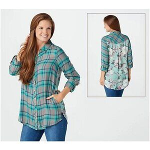 Tolani Collection Button Front Tunic With Printed Back Top Plaid Art To Wear XS